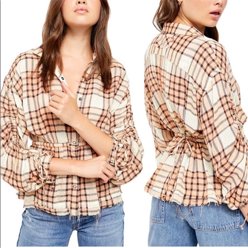 Free People Beige and Brown Plaid Button-Down Shirt